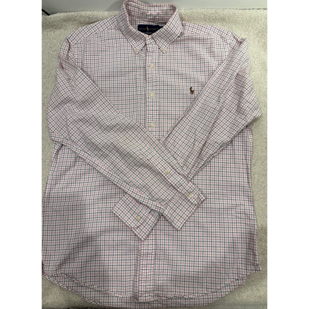Ralph Lauren Mens Slim Fit Tattersall Check Button Down Shirt Pink Navy Blue L